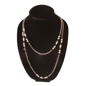 Vintage Sarah Coventry Silver Tone Necklace w/ Wrapped Faux Pearl Stations 50"